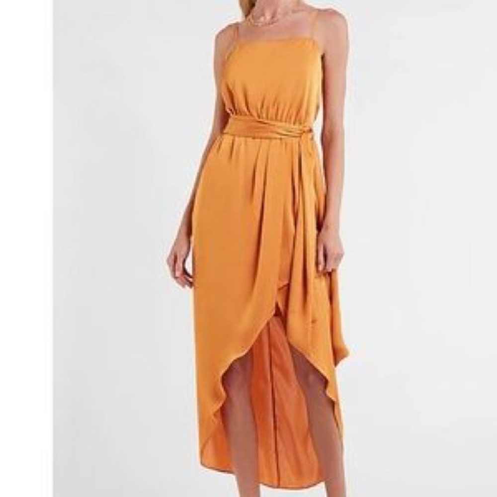 Express Satin Belted Hi-Lo Maxi Dress Orange